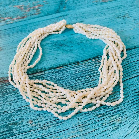 Estate Ten 10 Strand Baroque Pearl 14k Gold Choker Necklace Torsade - Picture 3 of 10